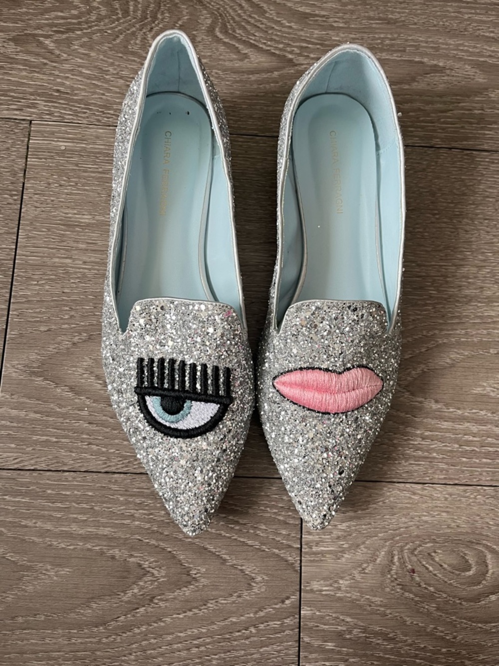 Chiara Ferragni Silver Glitter Pointed Flats with Eye and Pink Lip Patch